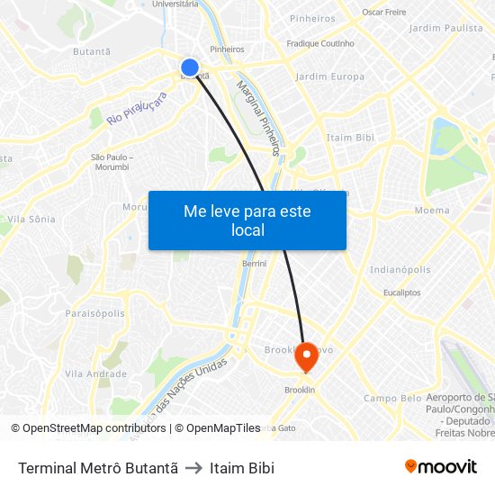 Terminal Metrô Butantã to Itaim Bibi map