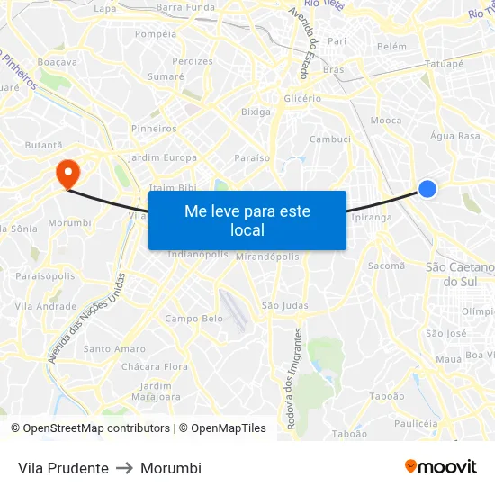 Vila Prudente to Morumbi map