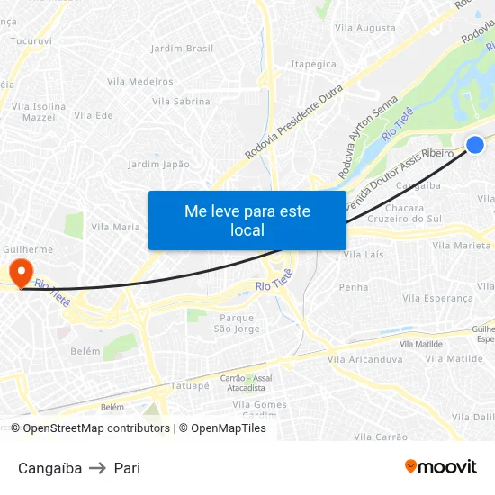 Cangaíba to Pari map