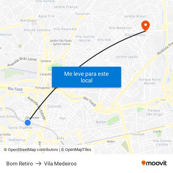 Bom Retiro to Vila Medeiros map