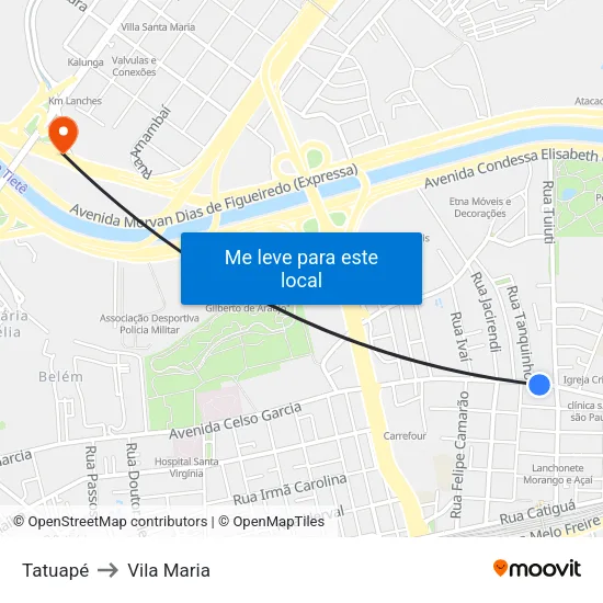 Tatuapé to Vila Maria map