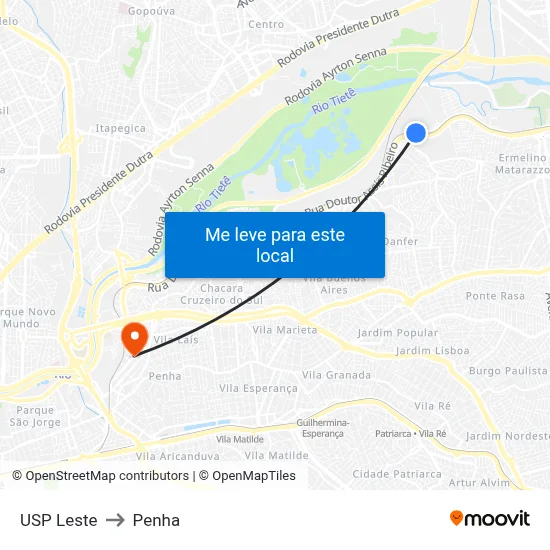 USP Leste to Penha map