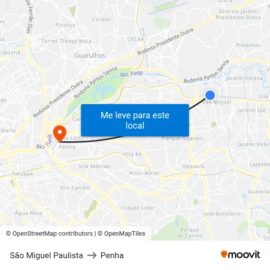 São Miguel Paulista to Penha map