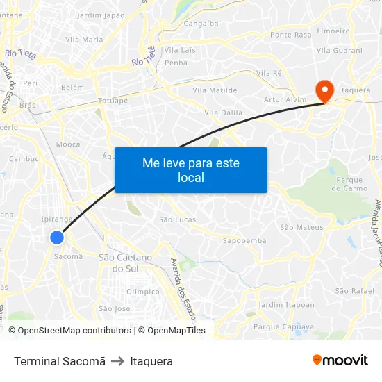 Terminal Sacomã to Itaquera map