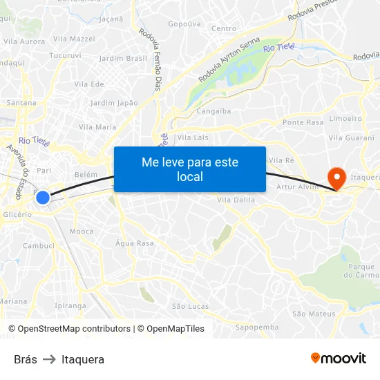 Brás to Itaquera map