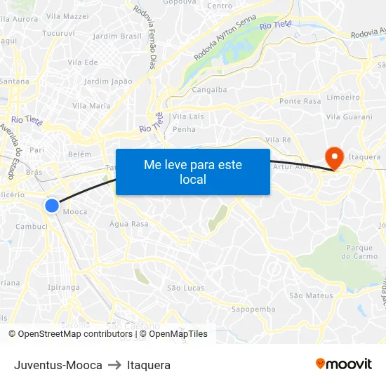Juventus-Mooca to Itaquera map