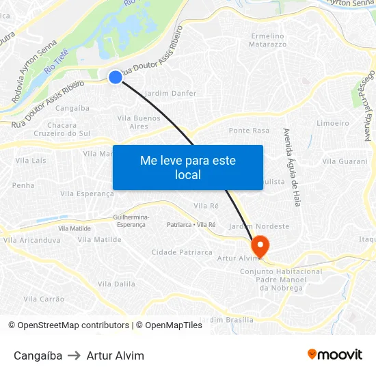 Cangaíba to Artur Alvim map