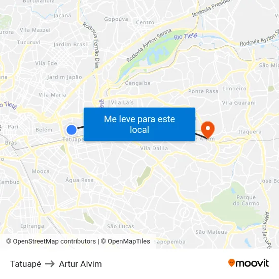 Tatuapé to Artur Alvim map