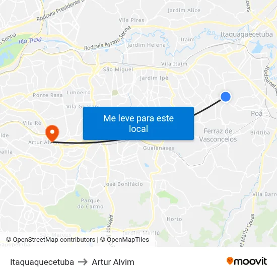 Itaquaquecetuba to Artur Alvim map