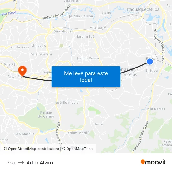 Poá to Artur Alvim map