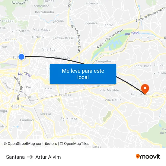 Santana to Artur Alvim map
