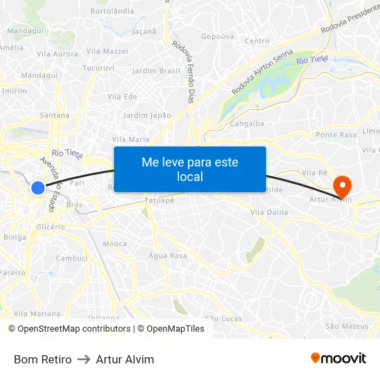 Bom Retiro to Artur Alvim map