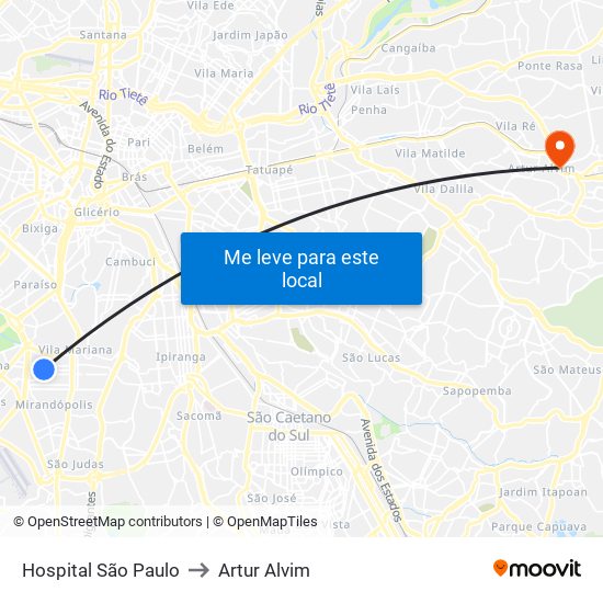 Hospital São Paulo to Artur Alvim map