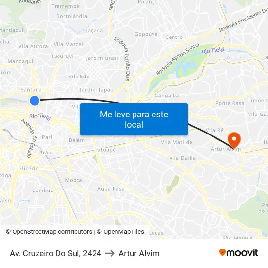 Av. Cruzeiro Do Sul, 2424 to Artur Alvim map