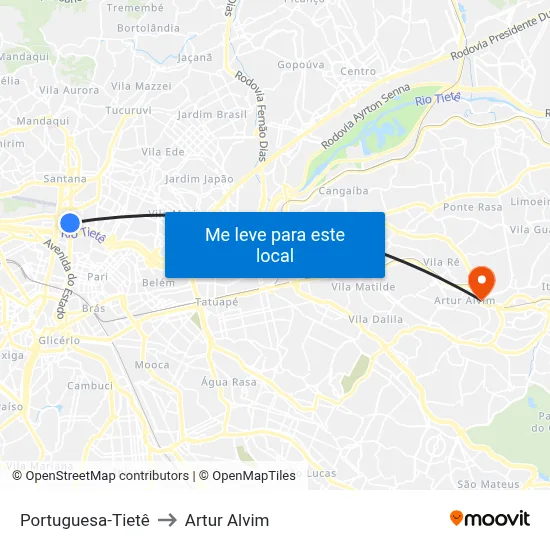 Portuguesa-Tietê to Artur Alvim map