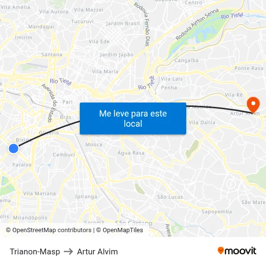 Trianon-Masp to Artur Alvim map