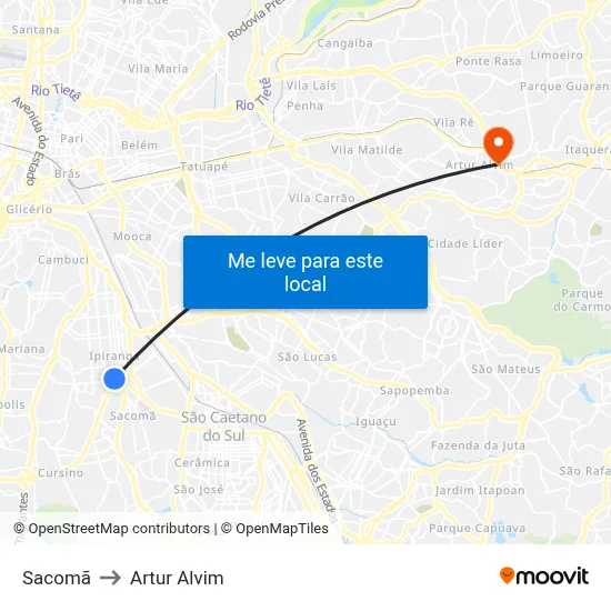 Sacomã to Artur Alvim map