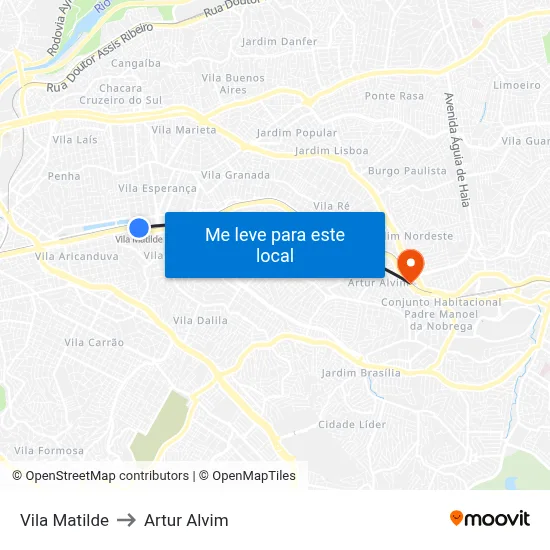 Vila Matilde to Artur Alvim map