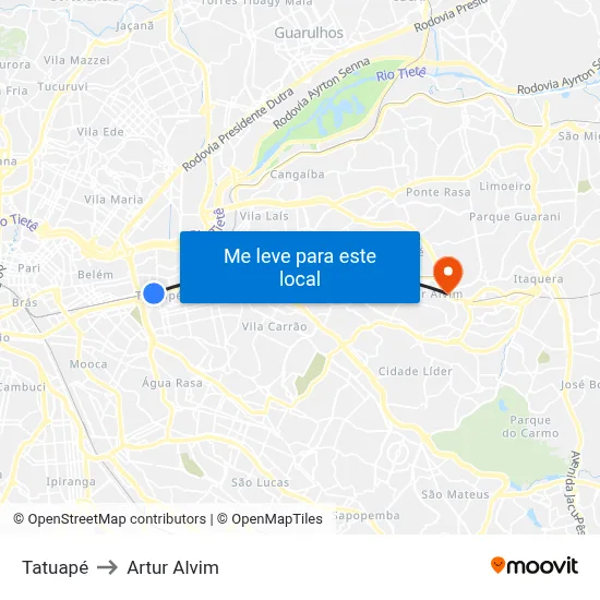 Tatuapé to Artur Alvim map