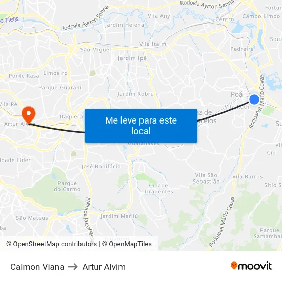 Calmon Viana to Artur Alvim map