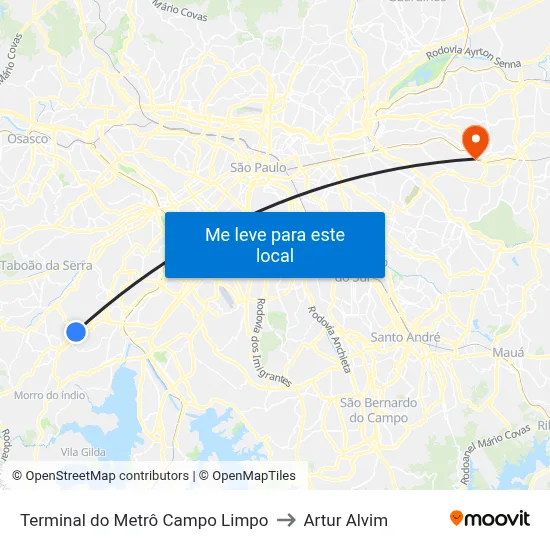 Terminal do Metrô Campo Limpo to Artur Alvim map