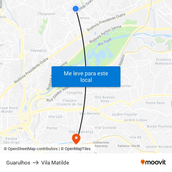 Guarulhos to Vila Matilde map