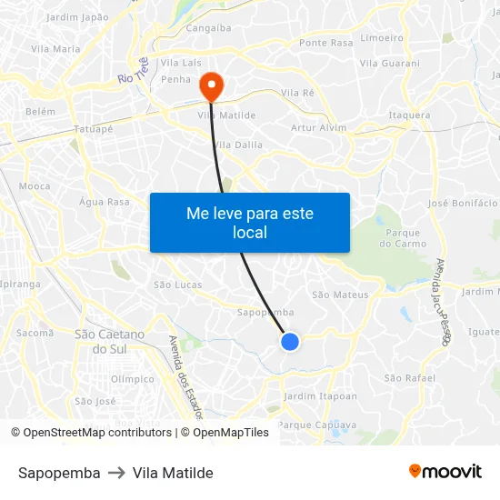 Sapopemba to Vila Matilde map