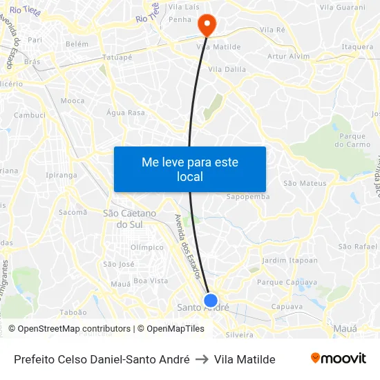 Prefeito Celso Daniel-Santo André to Vila Matilde map