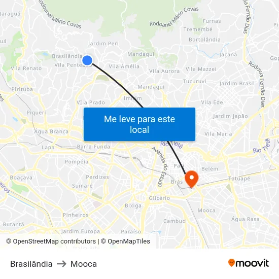 Brasilândia to Mooca map