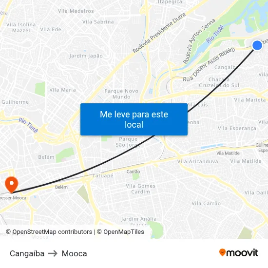 Cangaíba to Mooca map