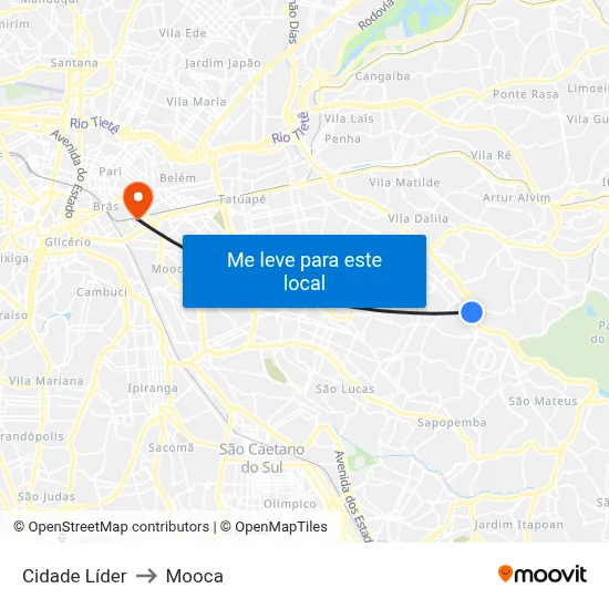 Cidade Líder to Mooca map