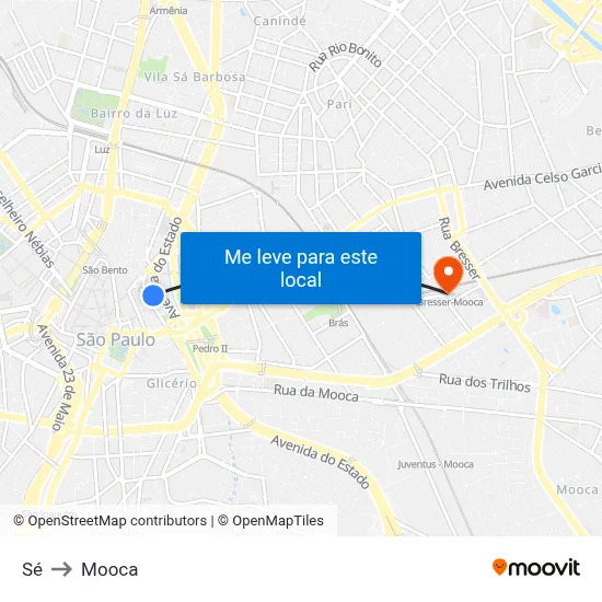 Sé to Mooca map