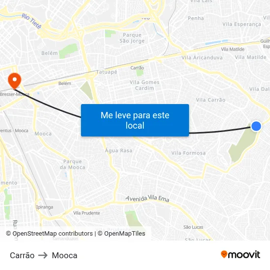 Carrão to Mooca map