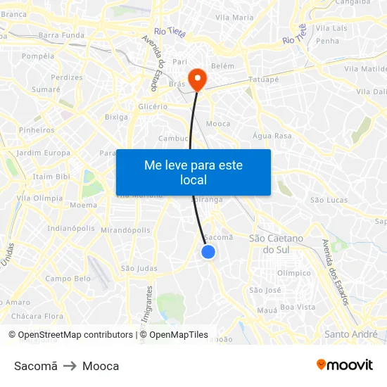Sacomã to Mooca map