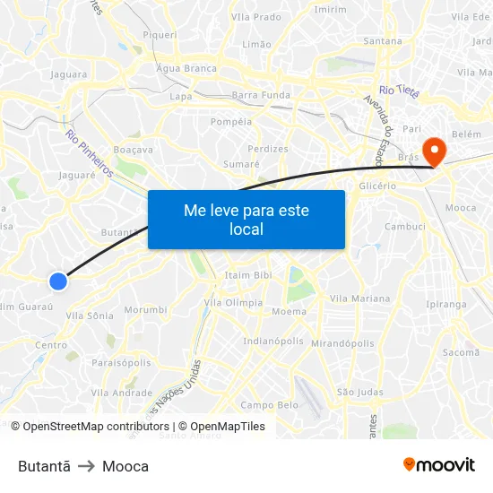 Butantã to Mooca map