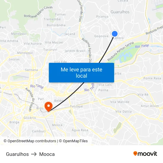 Guarulhos to Mooca map