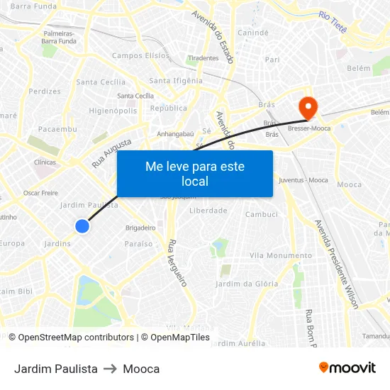 Jardim Paulista to Mooca map