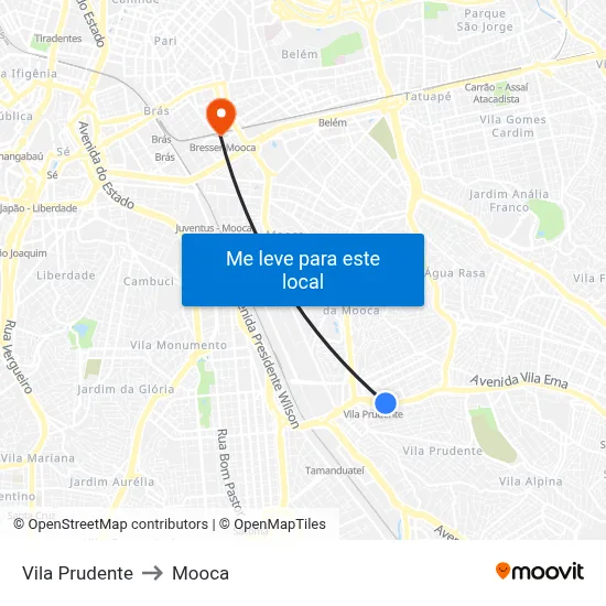 Vila Prudente to Mooca map