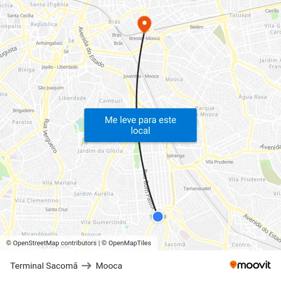 Terminal Sacomã to Mooca map
