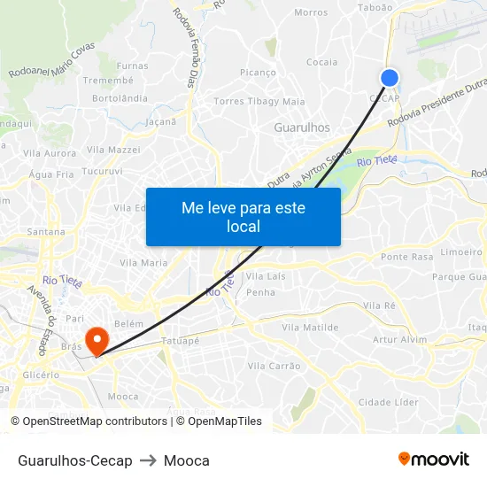 Guarulhos-Cecap to Mooca map