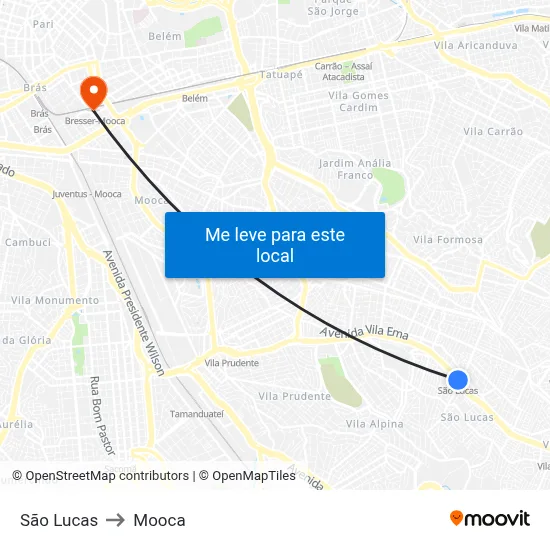 São Lucas to Mooca map
