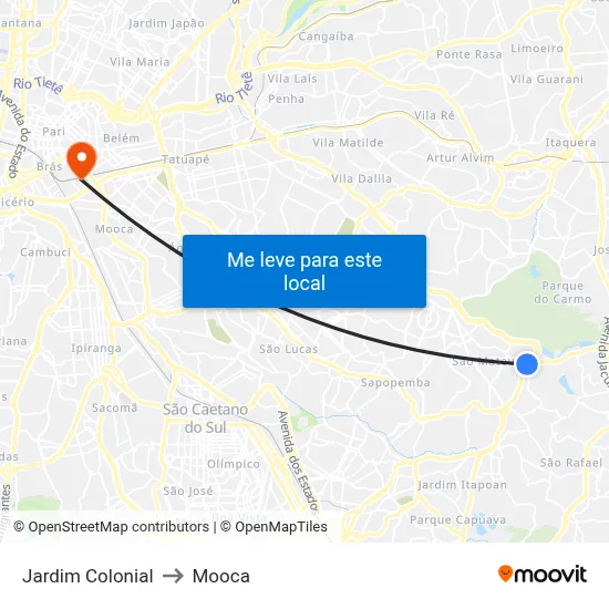 Jardim Colonial to Mooca map