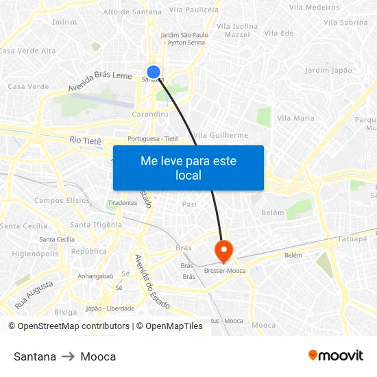 Santana to Mooca map