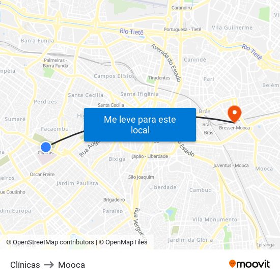 Clínicas to Mooca map