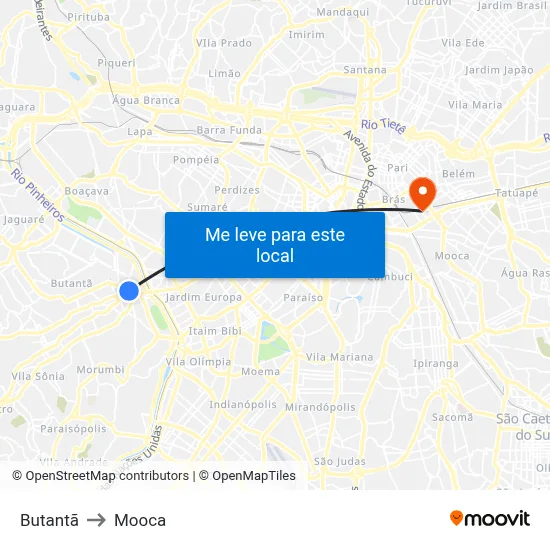 Butantã to Mooca map