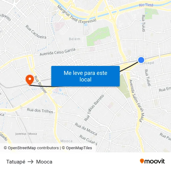 Tatuapé to Mooca map