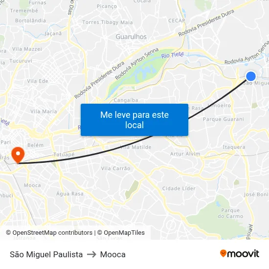 São Miguel Paulista to Mooca map