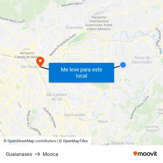 Guaianases to Mooca map