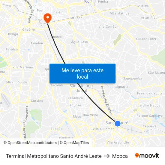 Terminal Metropolitano Santo André Leste to Mooca map