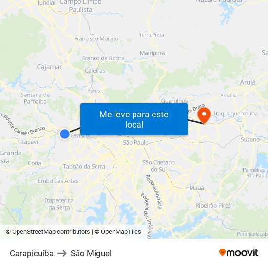 Carapicuíba to São Miguel map